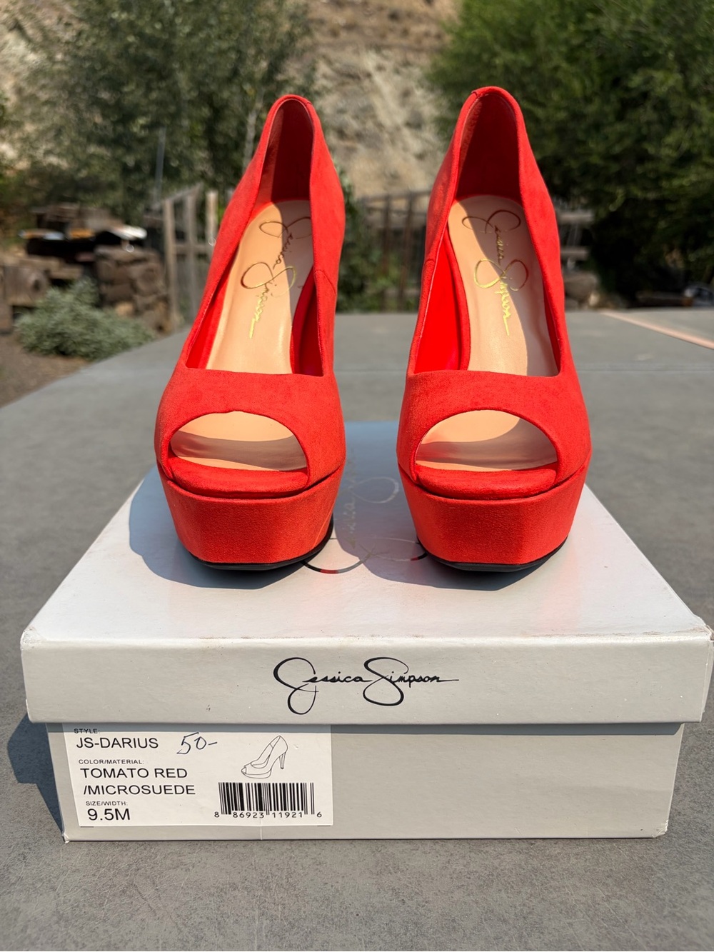 Jessica Simpson Tomato Red Microsuede Peep-Toe Platform Pumps